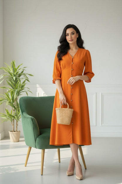 Rust Linen Midi Dress