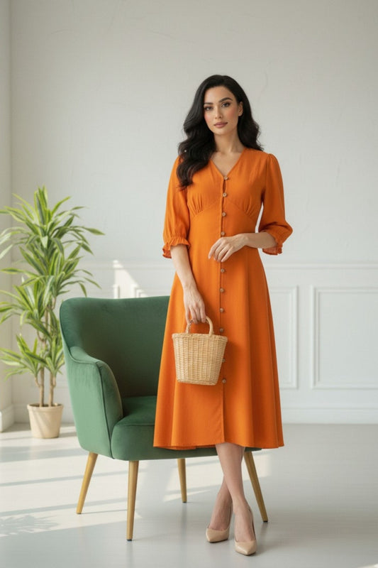 Rust Linen Midi Dress