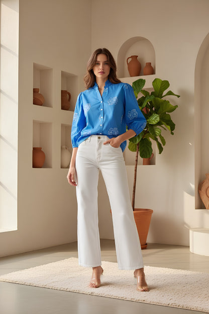 Ocean Blue Cotton Block Print Shirt