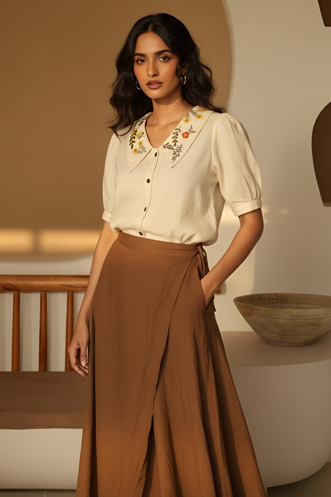 Beige Linen Embroidery Collar Shirt