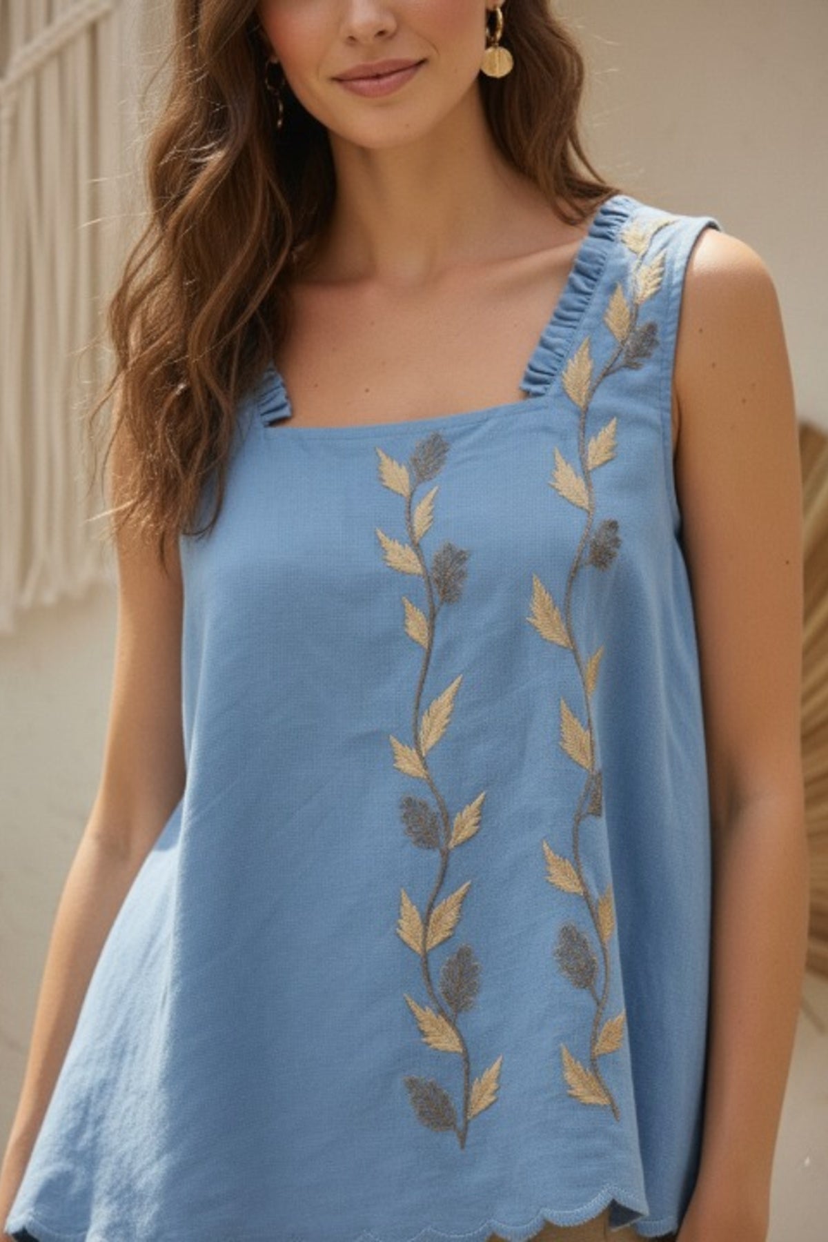 Sky Linen Embroidered Tank Top