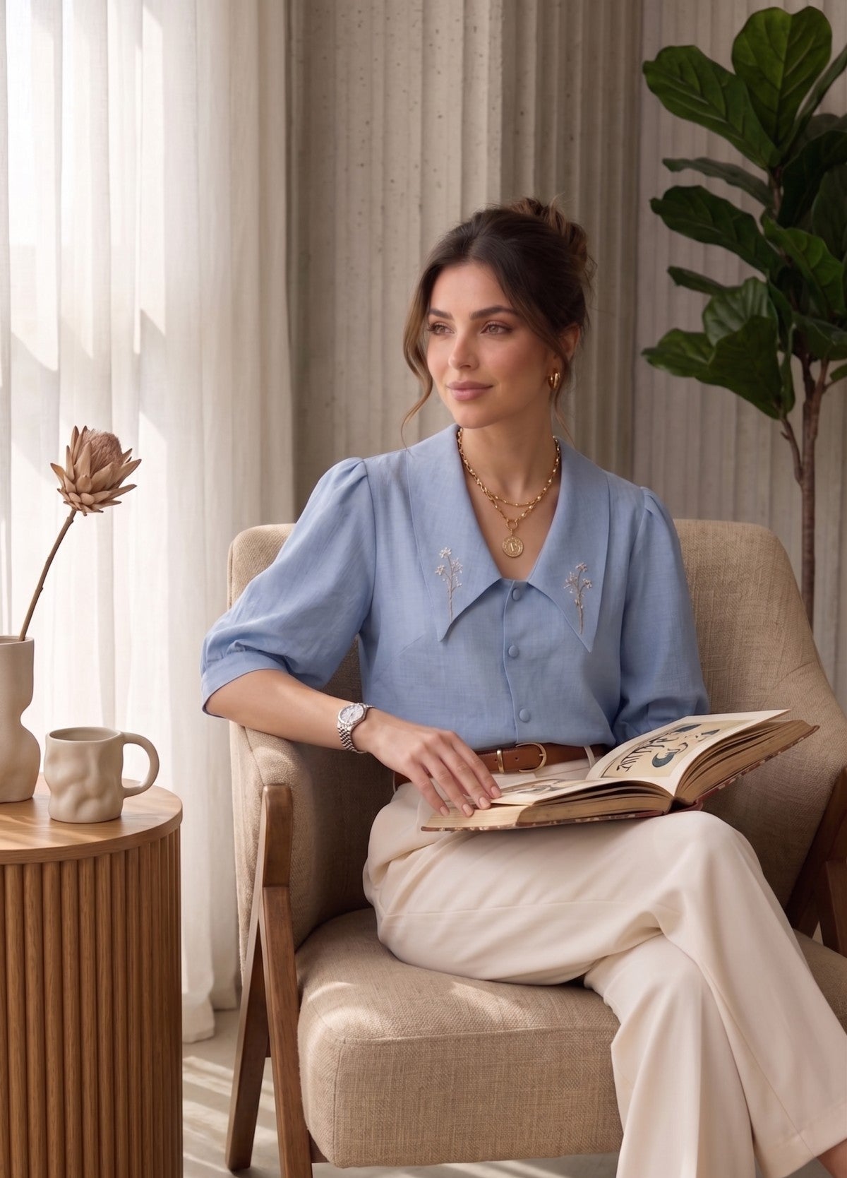 Sapphire Linen Embroidery Collar Shirt