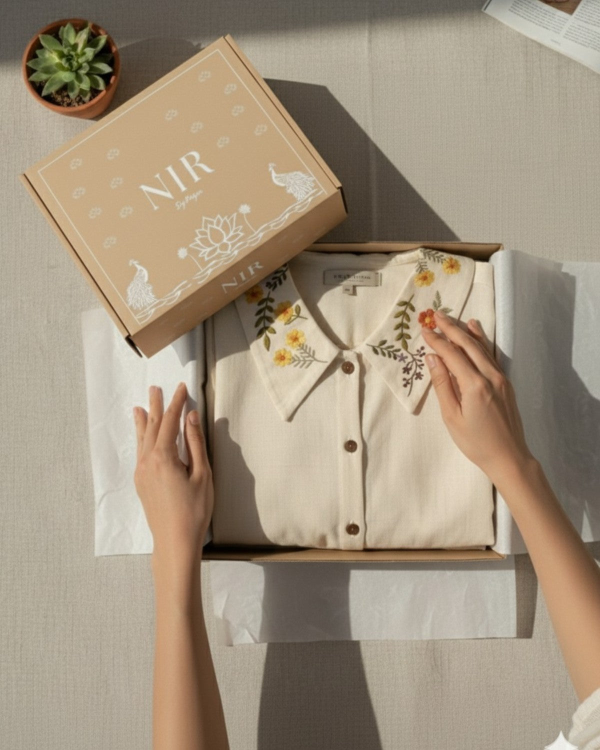 Beige Linen Embroidery Collar Shirt