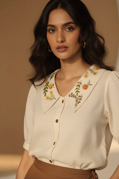 Beige Linen Embroidery Collar Shirt