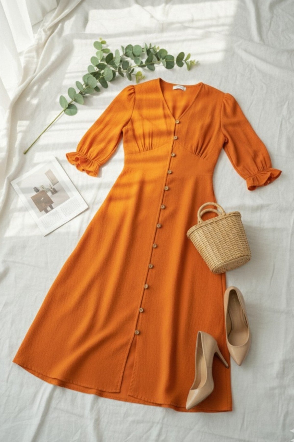 Rust Linen Midi Dress