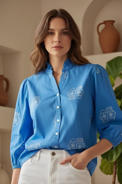 Ocean Blue Cotton Block Print Shirt