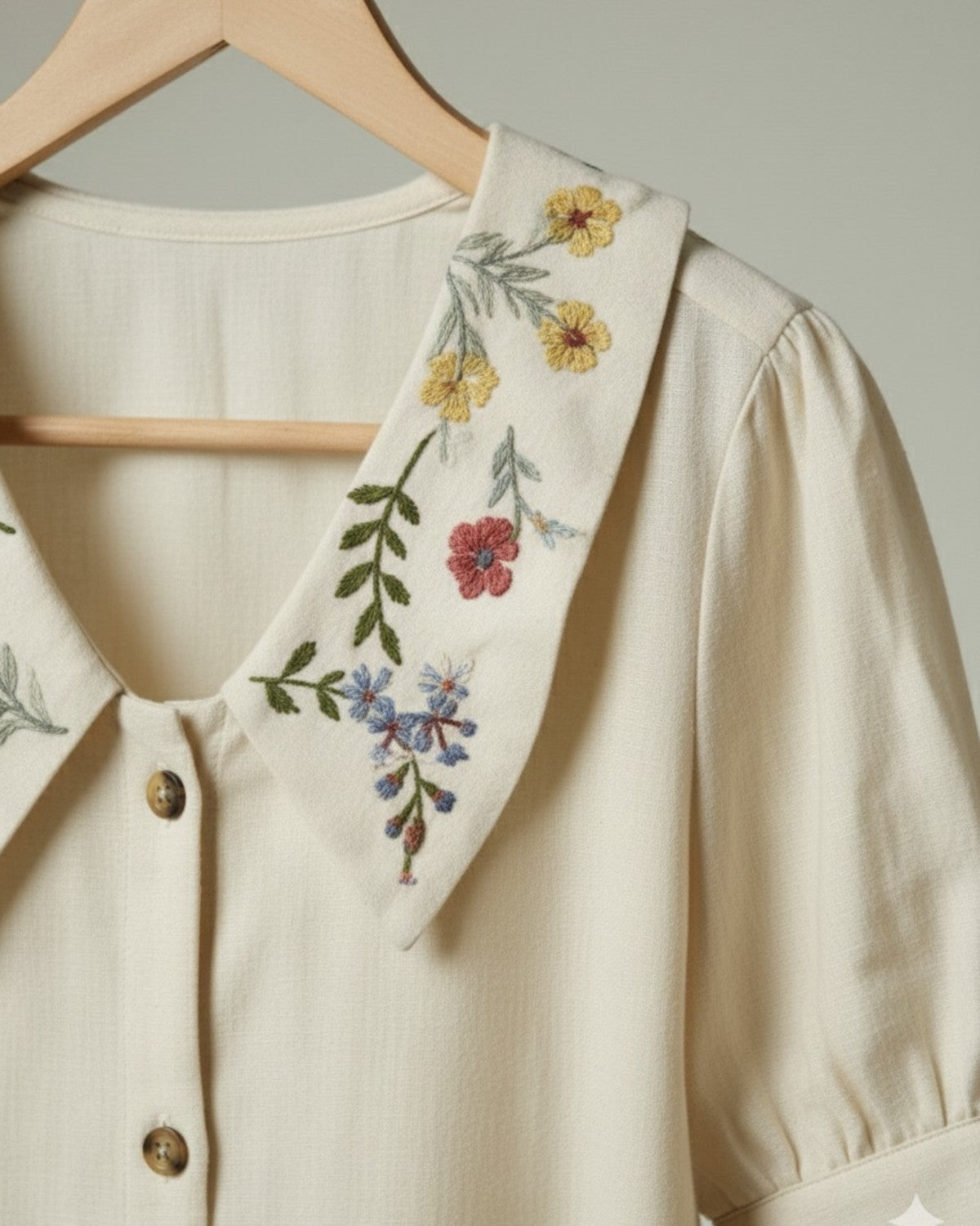 Beige Linen Embroidery Collar Shirt