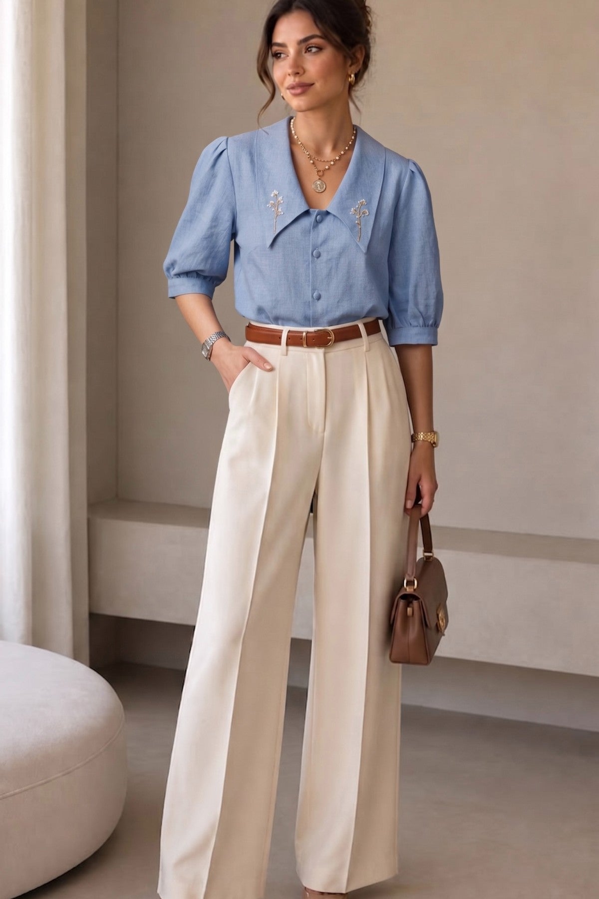 Sapphire Linen Embroidery Collar Shirt