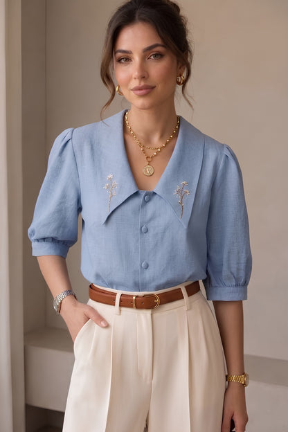 Sapphire Linen Embroidery Collar Shirt