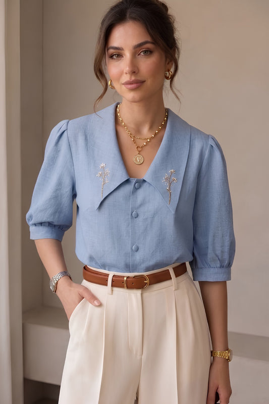 Sapphire Linen Embroidery Collar Shirt