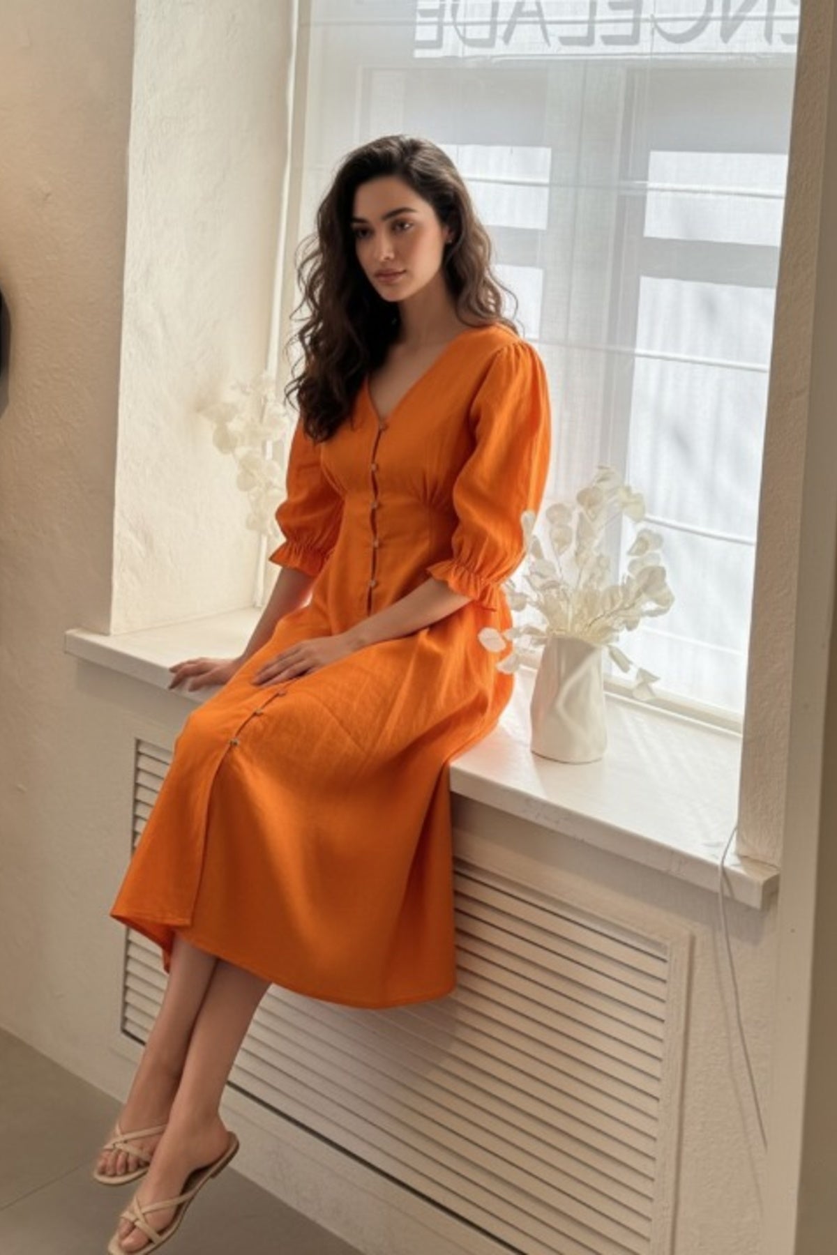 Rust Linen Midi Dress