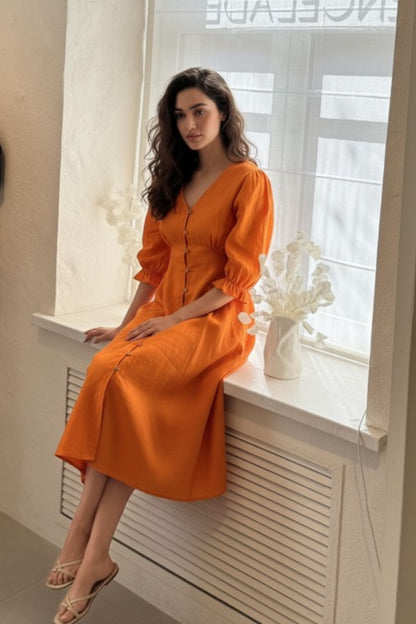 Rust Linen Midi Dress