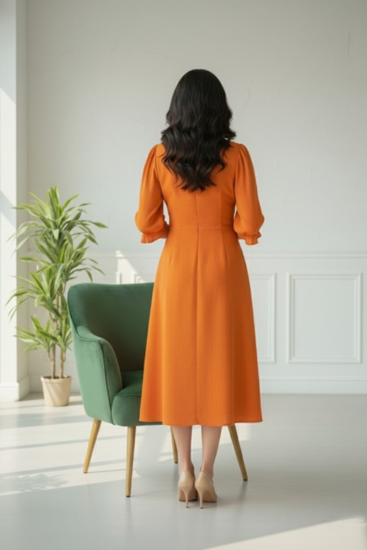 Rust Linen Midi Dress