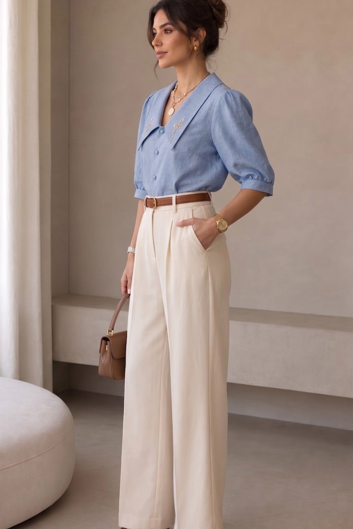 Sapphire Linen Embroidery Collar Shirt