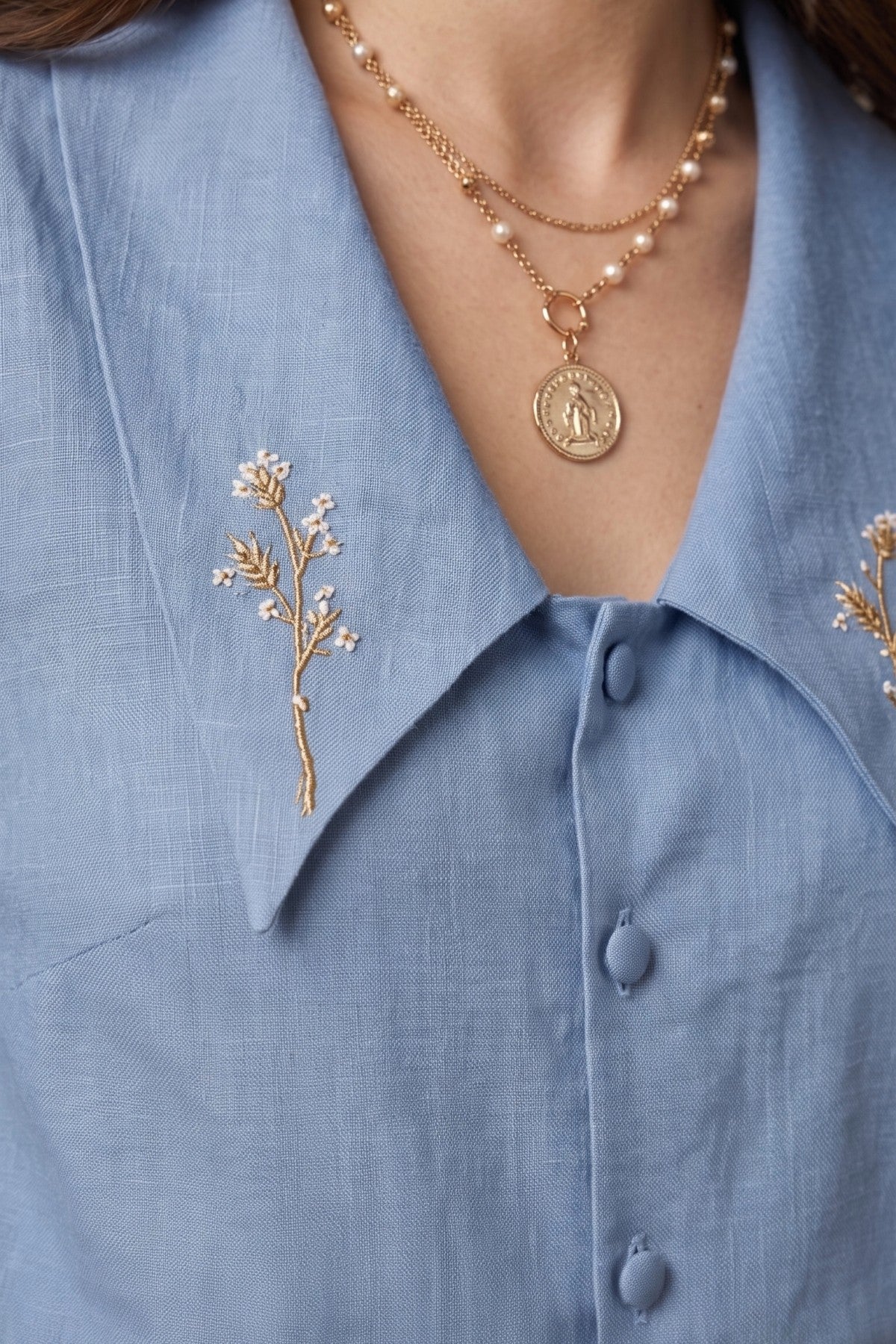 Sapphire Linen Embroidery Collar Shirt
