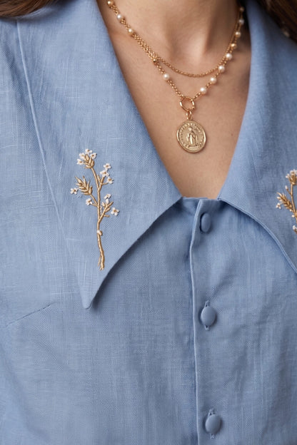 Sapphire Linen Embroidery Collar Shirt