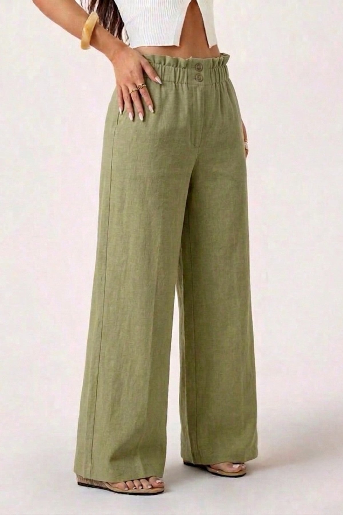 Olive Linen High-Waisted Pants