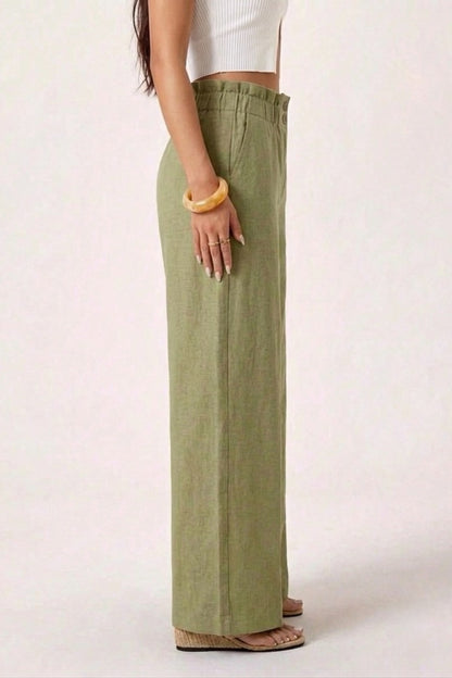 Olive Linen High-Waisted Pants