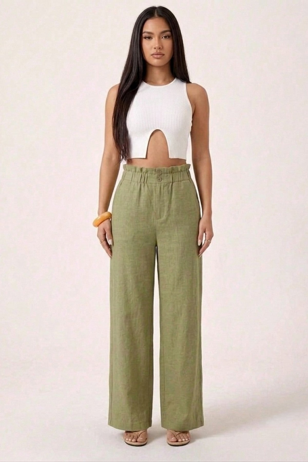 Olive Linen High-Waisted Pants