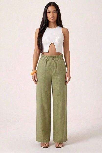 Olive Linen High-Waisted Pants