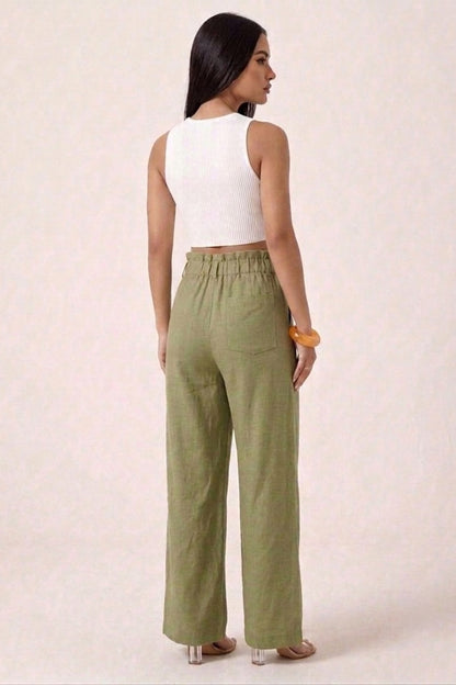 Olive Linen High-Waisted Pants