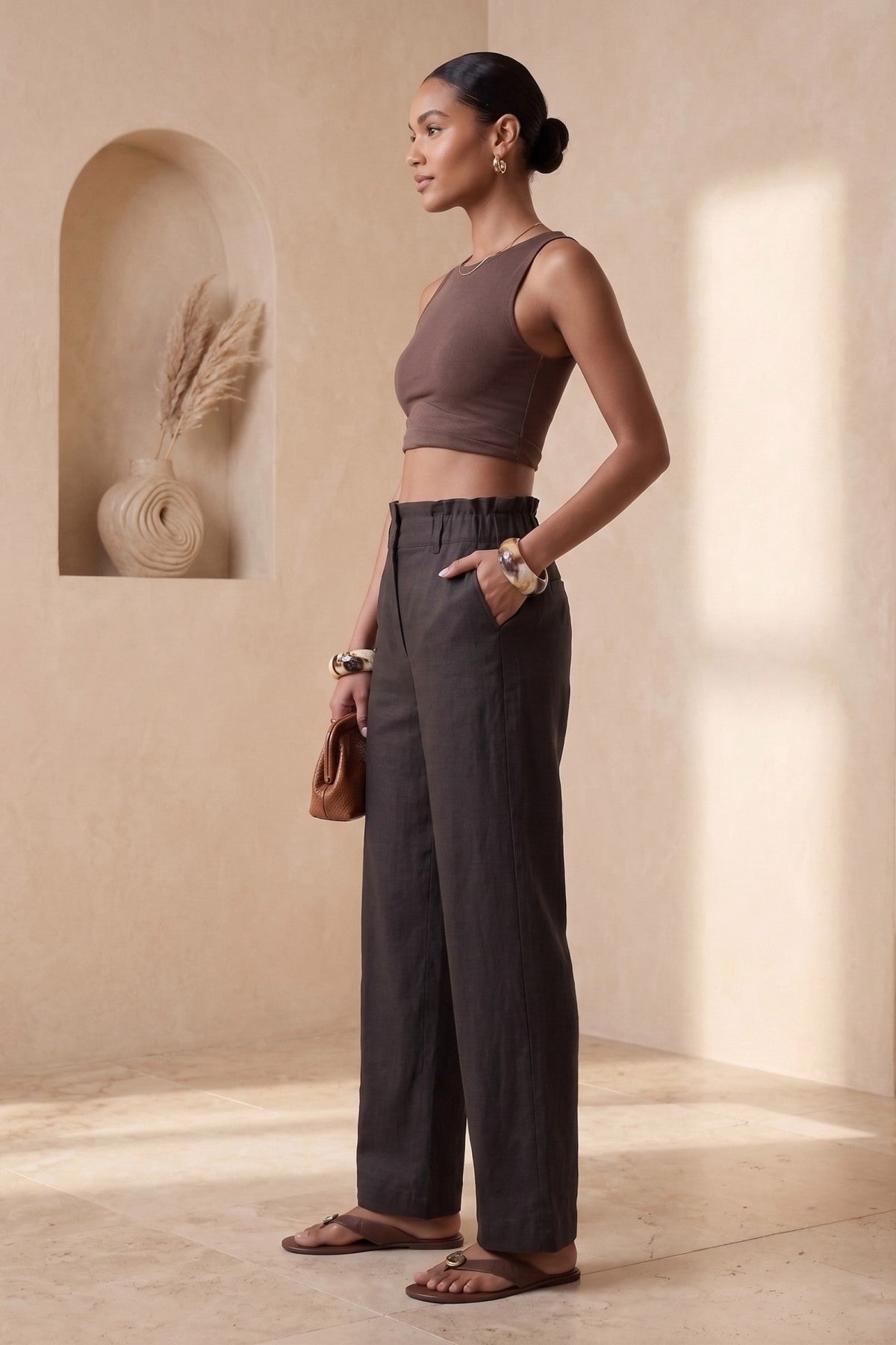 Black Linen High-Waisted Pants