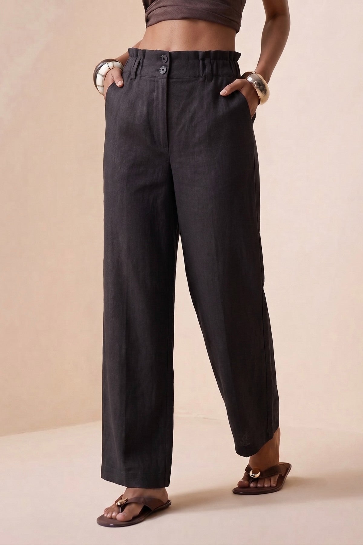 Black Linen High-Waisted Pants