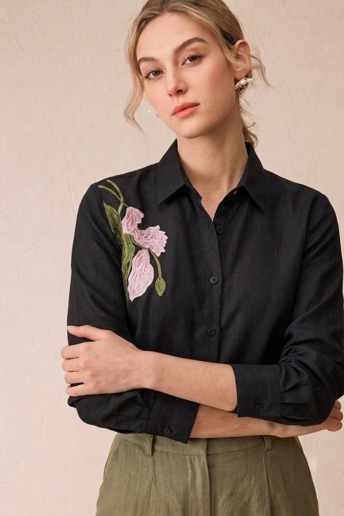 Gulistan Black Linen Embroidered Shirt