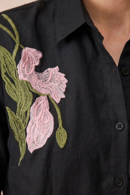 Gulistan Black Linen Embroidered Shirt