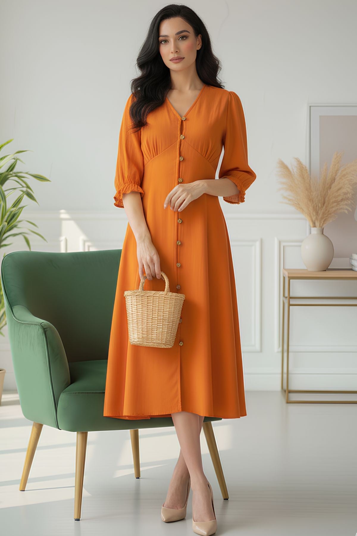 Rust Linen Midi Dress