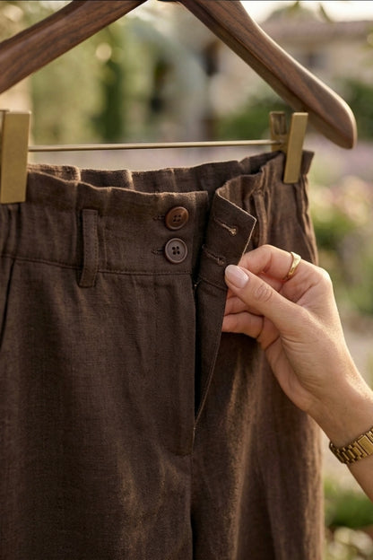 Brown Linen High-Waisted Pants