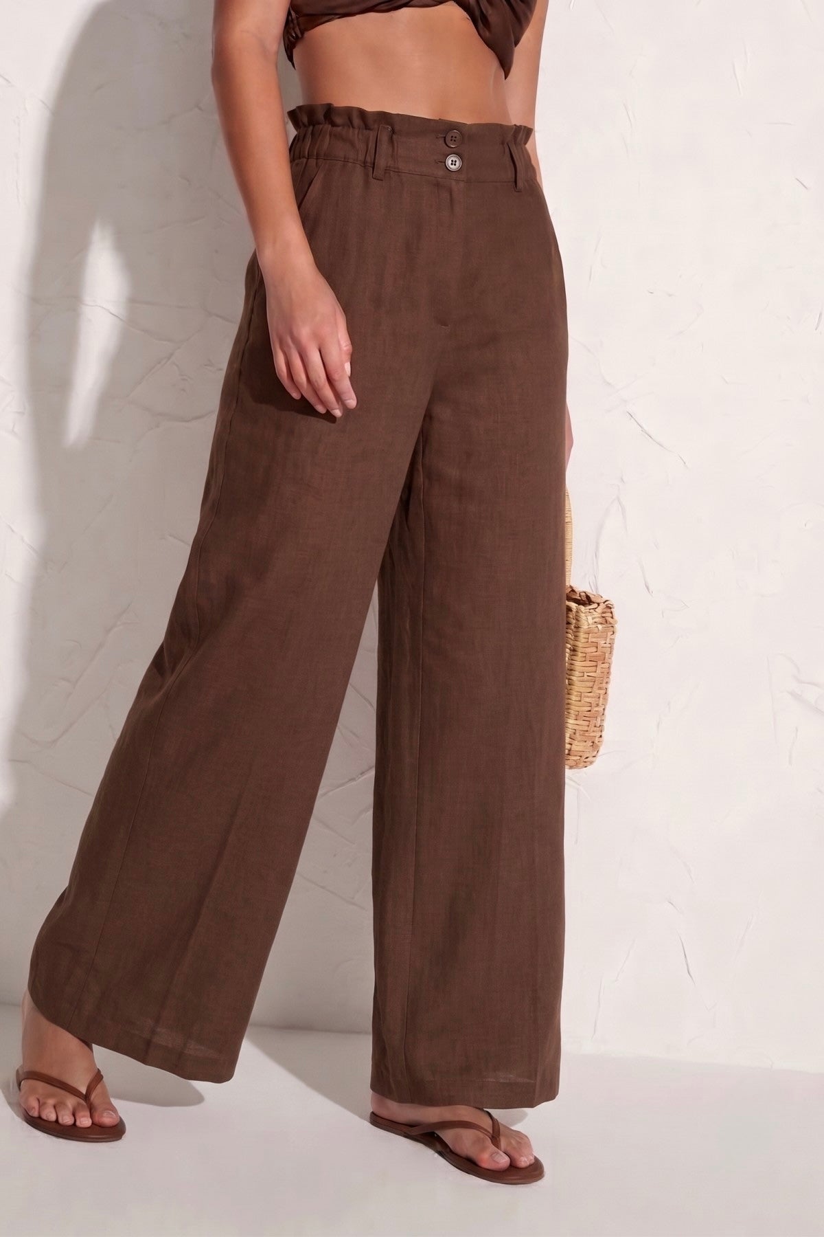 Brown Linen High-Waisted Pants