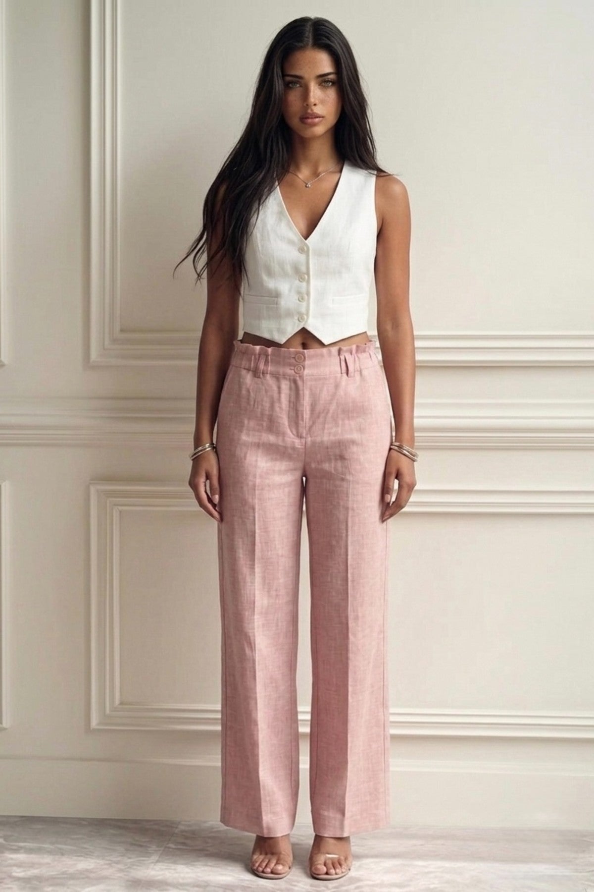 Blush Pink Linen High-Waisted Pants