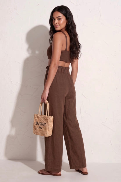Brown Linen High-Waisted Pants