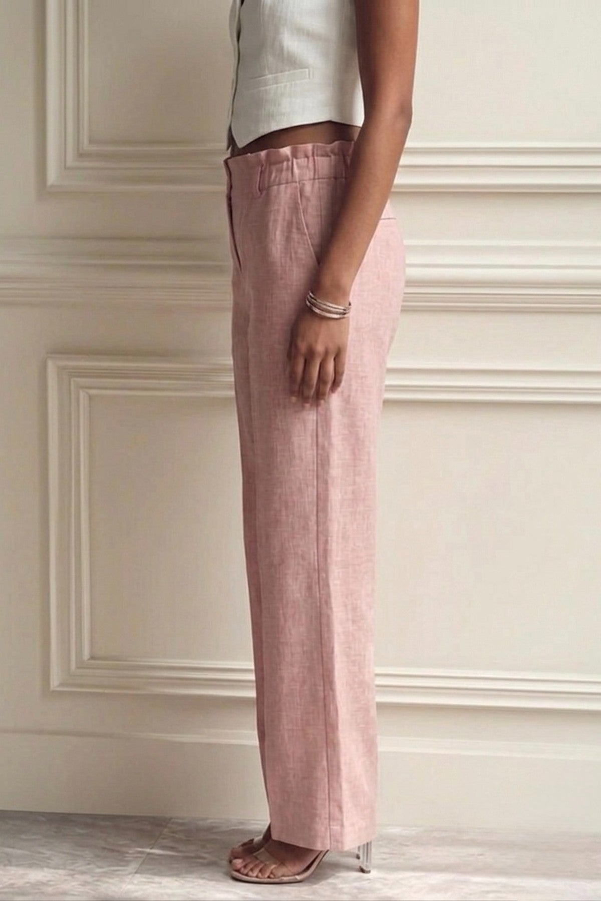 Blush Pink Linen High-Waisted Pants