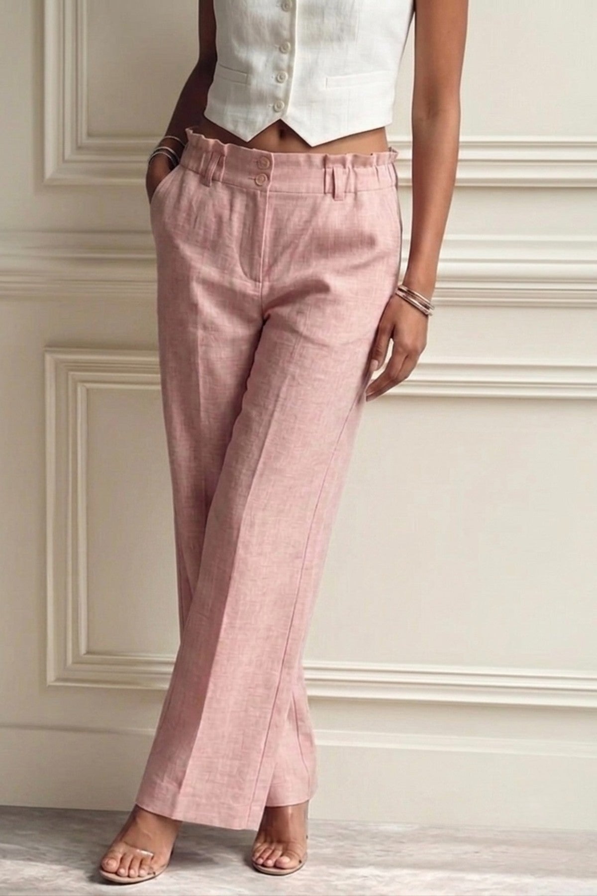 Blush Pink Linen High-Waisted Pants