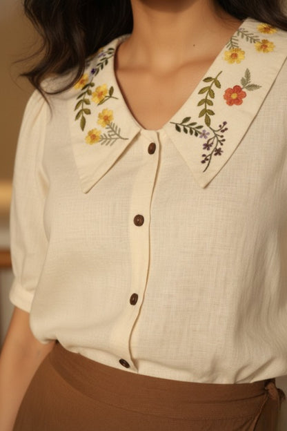 Beige Linen Embroidery Collar Shirt