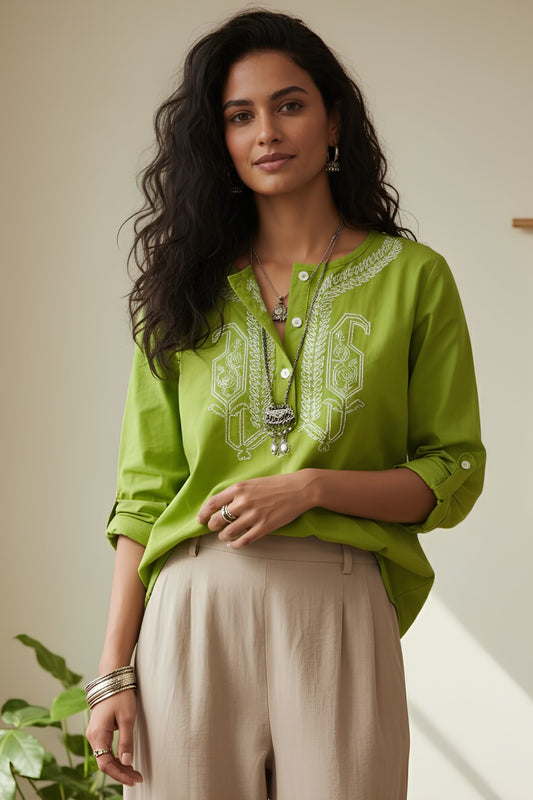 Sage Embroidered Cotton Kurta Shirt